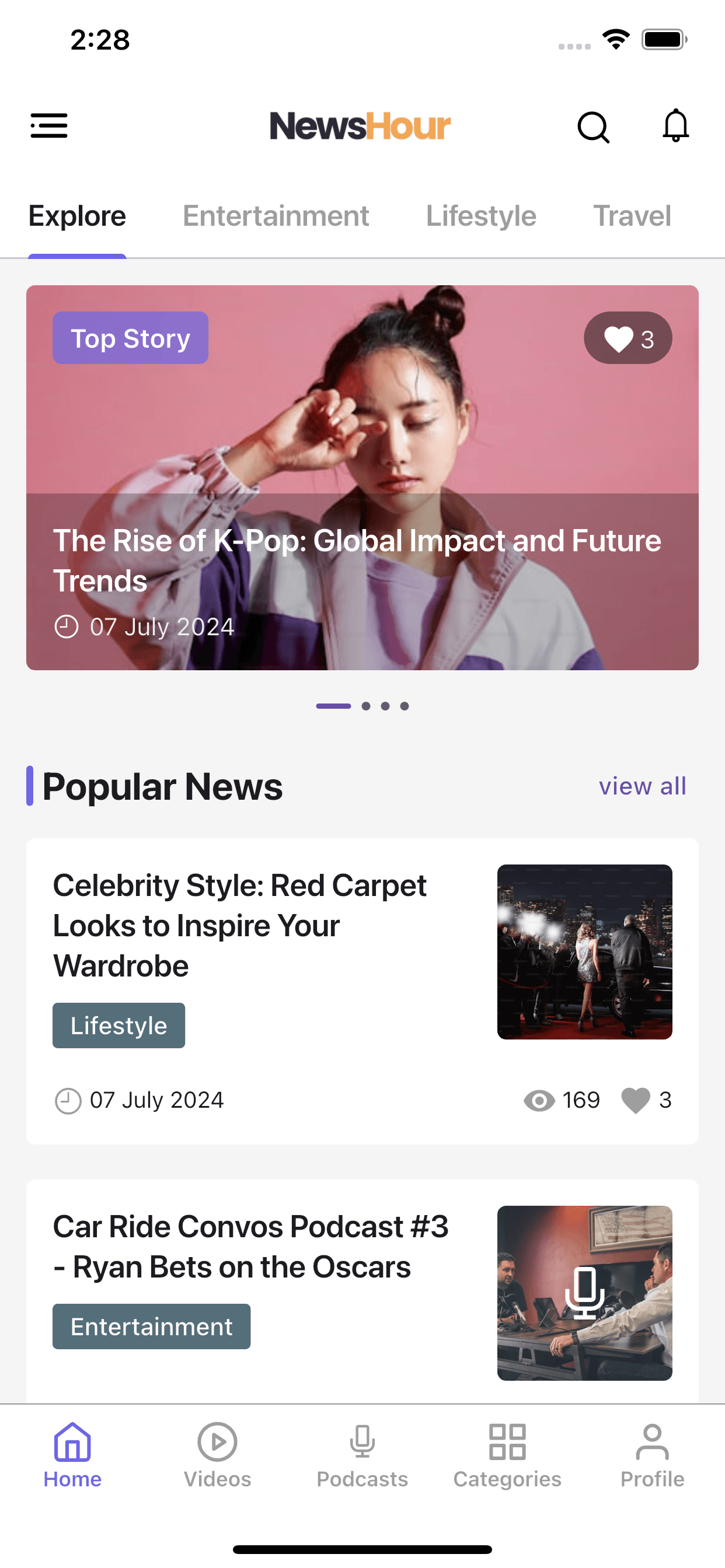 NewsHour Flutter news app home screen – categories and articles on Android and iOS