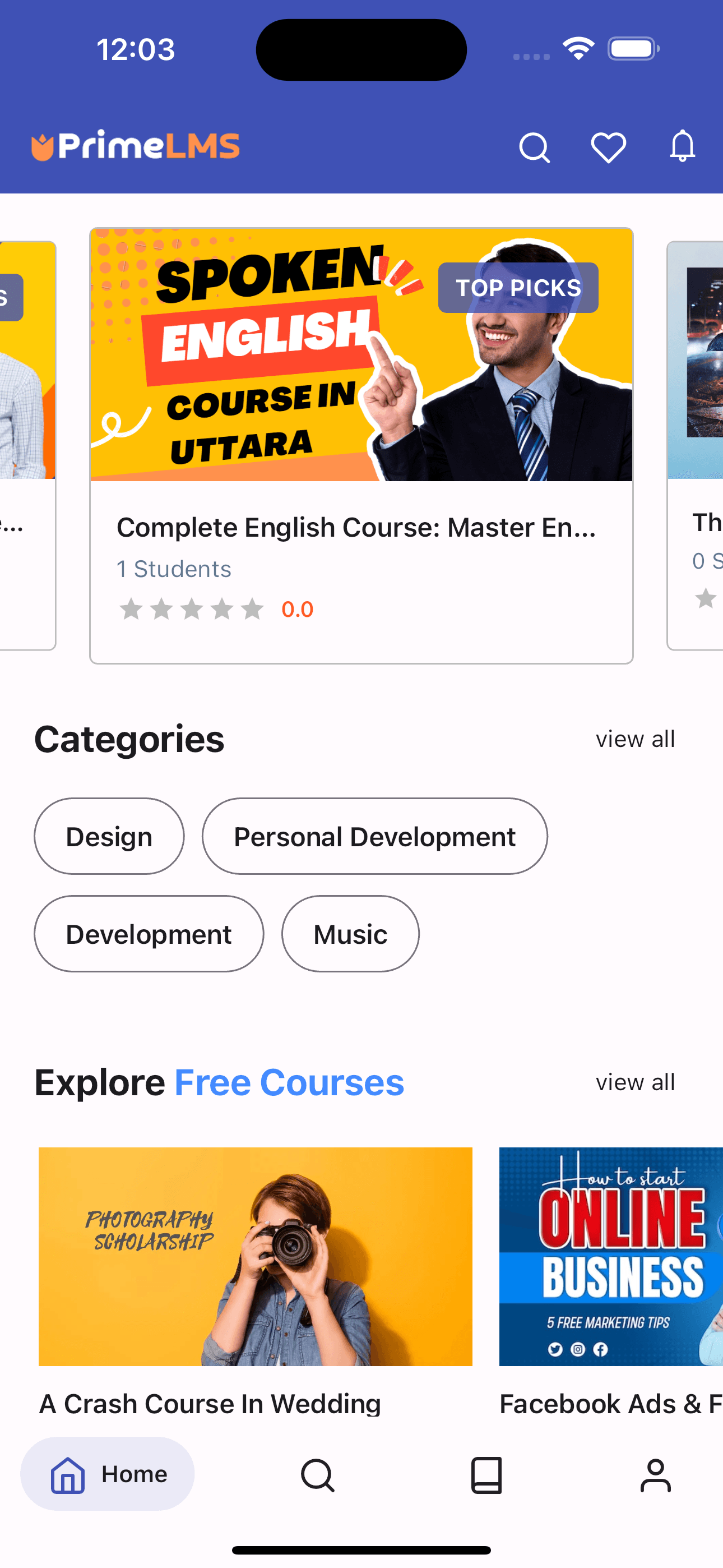 Prime LMS Flutter eLearning app – courses and home on Android and iOS