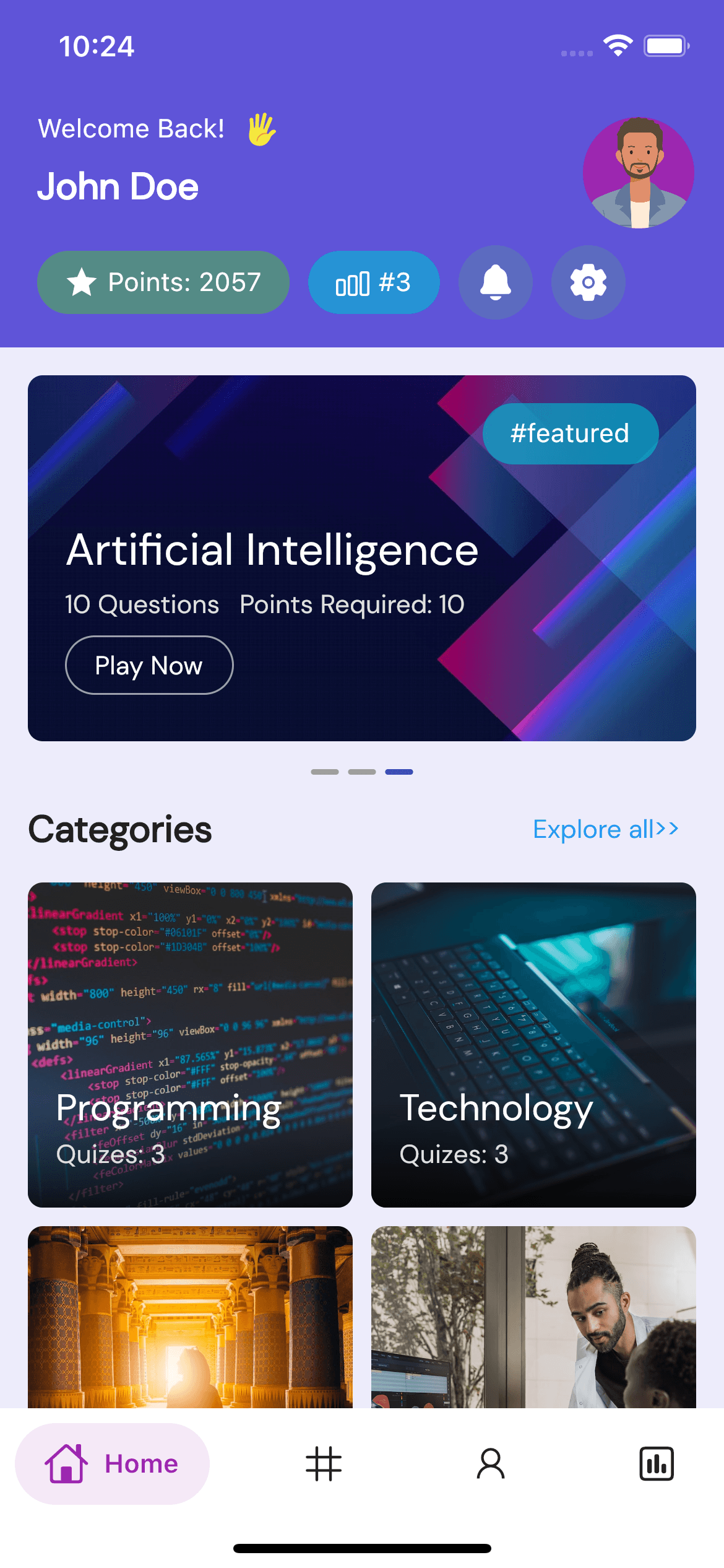 QuizHour app – Flutter quiz app home screen